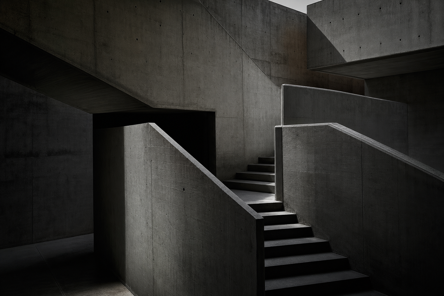 Concrete and steel staircase in a brutalist building
