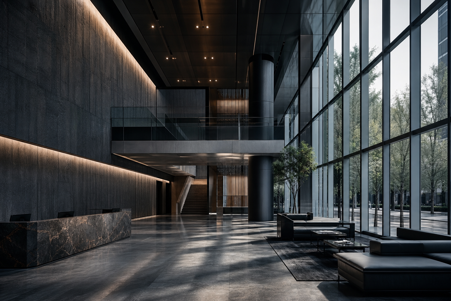 Modern commercial lobby with high ceilings and balanced light