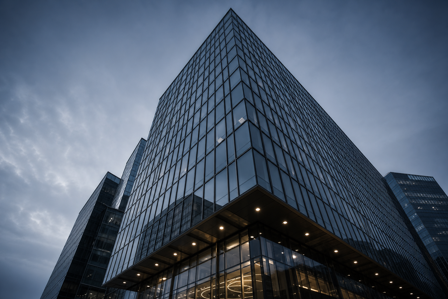 Wide low-perspective photograph of a glass skyscraper in Boston