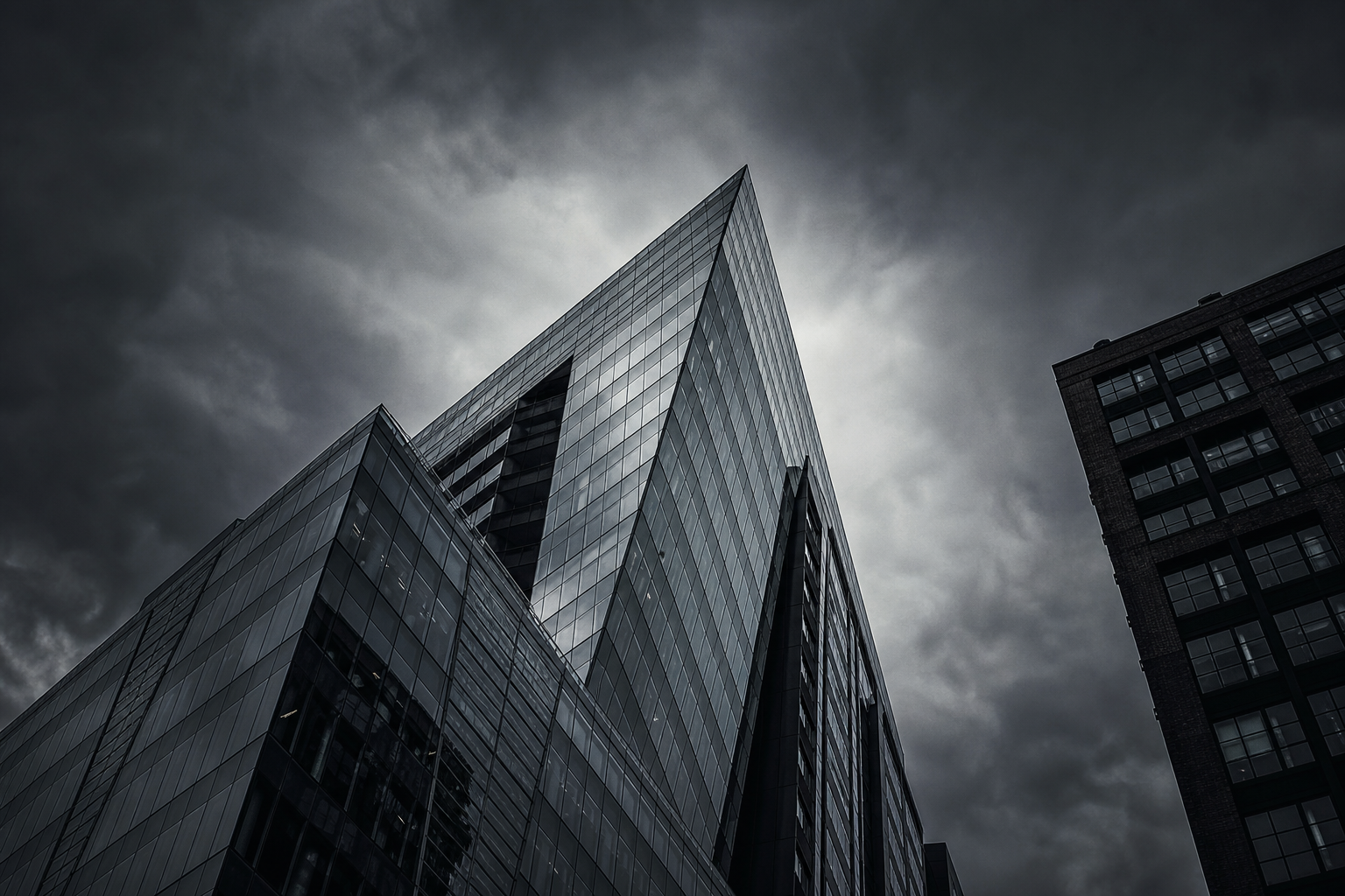 Steel and glass office tower photographed from below