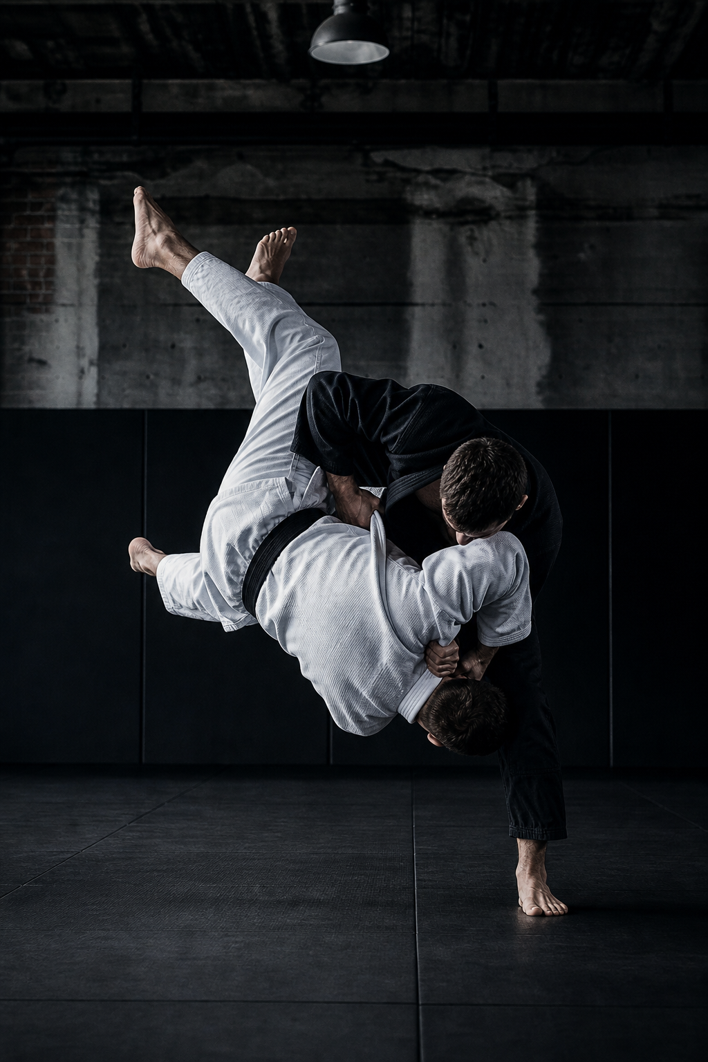 Judo throw captured in motion on the mat