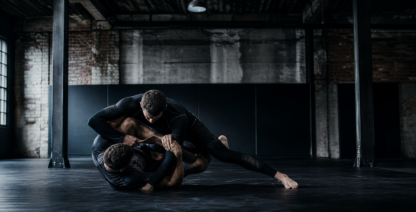 High contrast photograph of a jiu-jitsu and judo training gym