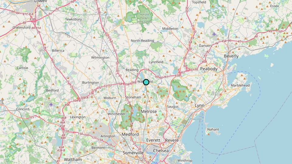 Map of Wakefield, Reading, Melrose, Stoneham, and nearby Massachusetts towns